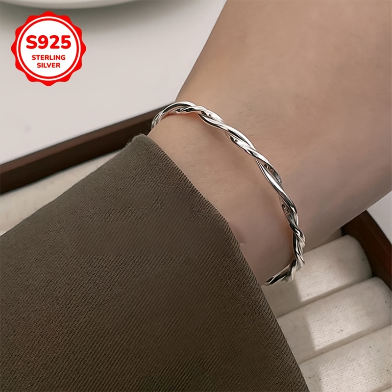 925 Minimalist Twisted Line Heart-Entwined Open Bangle Bracelet